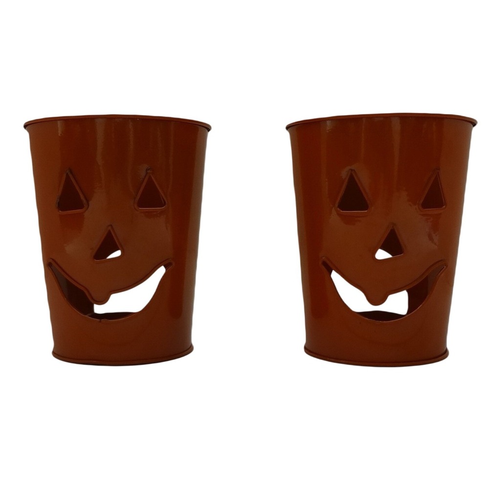 Halloween Decor Set of‎ 2 Jack O Lantern Metal Candle Holders Fall Decor